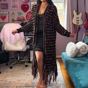 Chunky mulitcolored knit fringe sweater duster